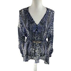 Roberto‎ Cavalli Womens 40 Italy Silk Semi Sheer Blouse Abstract Charm Belted